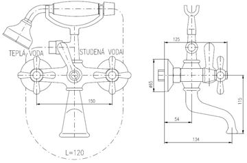 RAV SLEZÁK MORAVA vanová nástěnná baterie, s přepínačem, se sprchovou soupravou, stará mosaz MK159.5/2SM Technický nákres