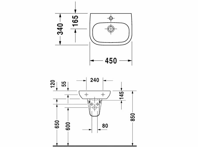DURAVIT D-CODE umývátko 45 cm, s otvorem pro baterii a přepadem 07054500002 Technický nákres