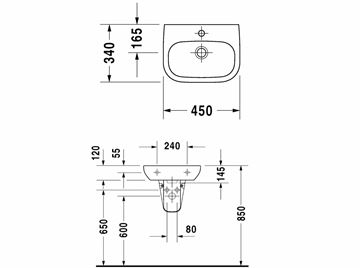 DURAVIT D-CODE umývátko 45 cm, s otvorem pro baterii a přepadem 07054500002 Technický nákres