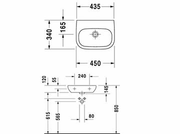 DURAVIT D-CODE umývátko 45 cm, bez přepadu 07074500702 Technický nákres