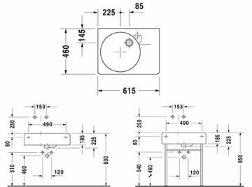 DURAVIT SCOLA umyvadlo 61,5 cm, s otvorem pro baterii a přepadem 0684600011 Technický nákres