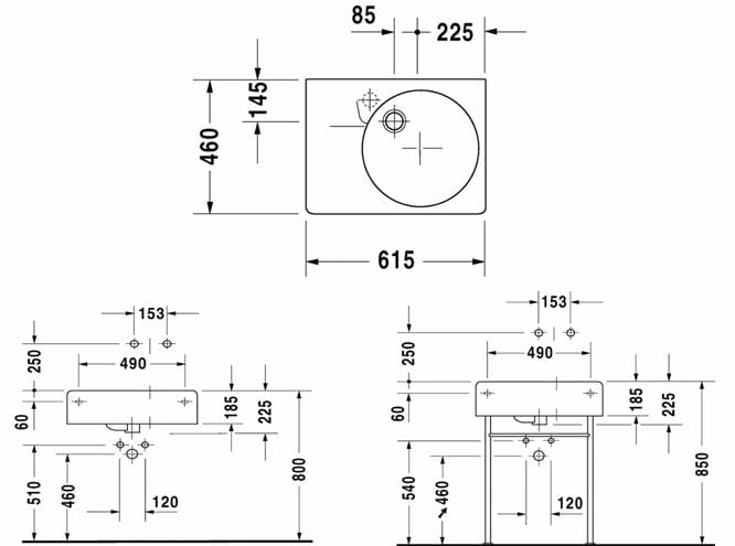 DURAVIT SCOLA umyvadlo 61,5 cm, s otvorem pro baterii a přepadem 0685600011 Technický nákres