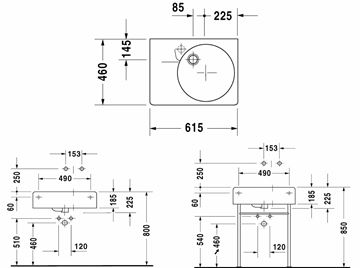 DURAVIT SCOLA umyvadlo 61,5 cm, s otvorem pro baterii a přepadem 0685600011 Technický nákres