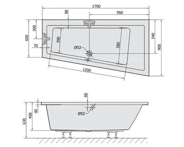 POLYSAN ANDRA rohová vana 170x90 cm, bez nožiček, akrylát 81511 Technický nákres