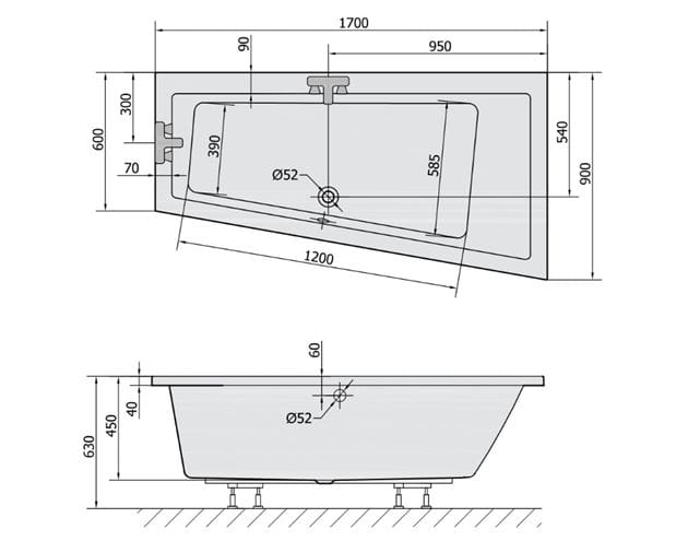 POLYSAN ANDRA rohová vana 170x90 cm, bez nožiček, akrylát 81511 Technický nákres