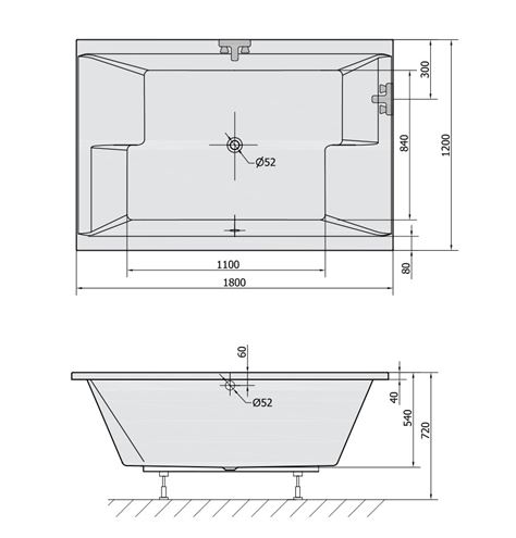 POLYSAN DUPLA vana 180x120 cm, pro 2 osoby, bez nožiček, akrylát 13611 Technický nákres