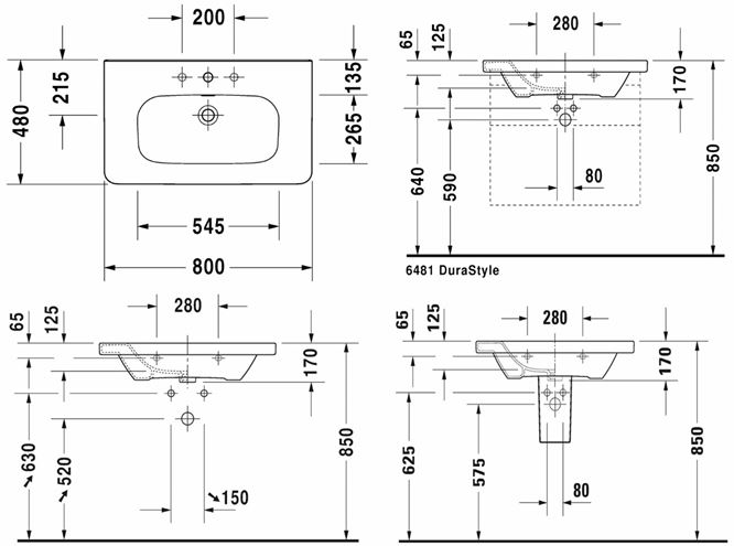 DURAVIT DURASTYLE umyvadlo 80 cm, s otvorem pro baterii a přepadem 2320800000 Technický nákres