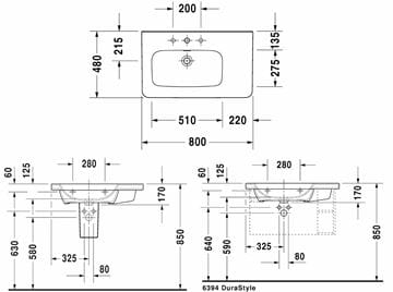 DURAVIT DURASTYLE umyvadlo 80 cm, s otvorem pro baterii a přepadem 2325800000 Technický nákres