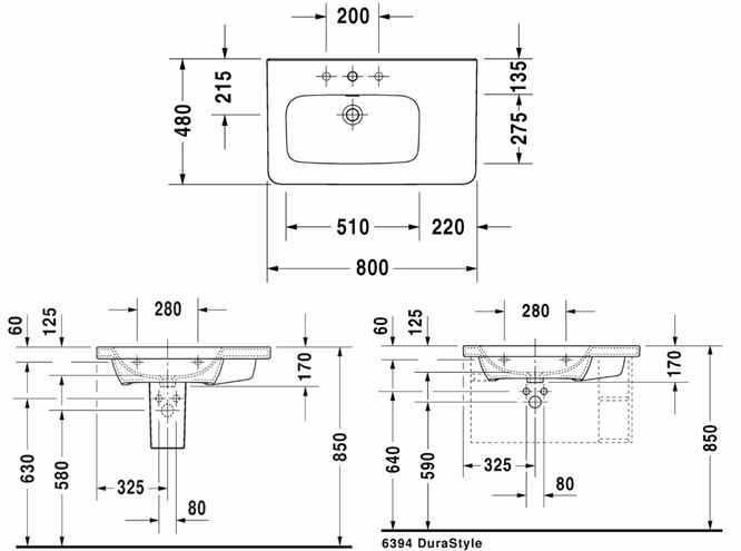 DURAVIT DURASTYLE umyvadlo 80 cm, s otvorem pro baterii a přepadem 2325800000 Technický nákres