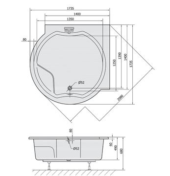 POLYSAN ROYAL CORNER rohová vana 173x173 cm, s konstrukcí, akrylát 74211 Technický nákres