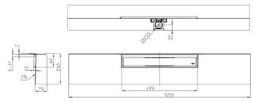 HL PRIMUS LINE sprchový žlab 1200 mm, ke stěně, boční odtok DN 50, rošt STANDARD, nerez ocel HL531 Technický nákres