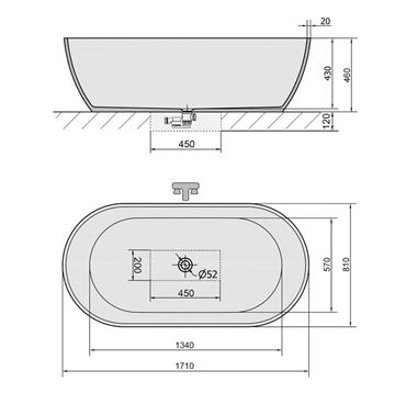 POLYSAN REDUTA volně stojící vana 171x81 cm, pro 2 osoby, litý mramor 72842 Technický nákres