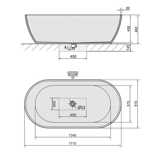 POLYSAN REDUTA volně stojící vana 171x81 cm, pro 2 osoby, litý mramor 72842 Technický nákres