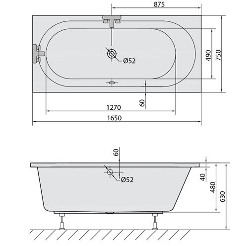 POLYSAN ASTRA B vana 165x75 cm, bez nožiček, akrylát 32611 Technický nákres
