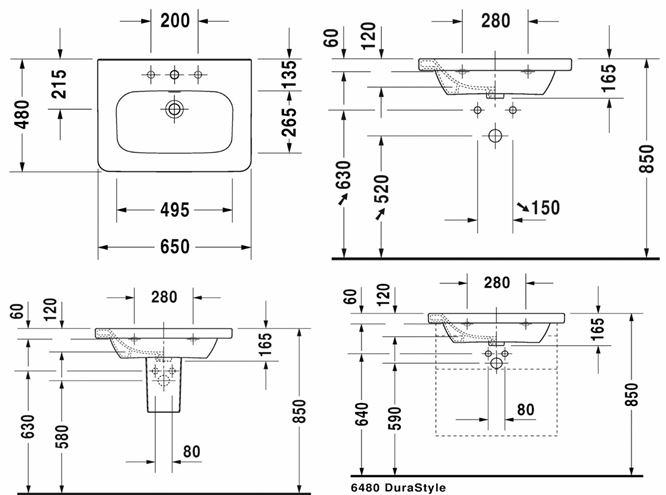 DURAVIT DURASTYLE umyvadlo 65 cm, s otvorem pro baterii a přepadem 2320650000 Technický nákres