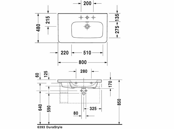 DURAVIT DURASTYLE umyvadlo 80 cm, s otvorem pro baterii a přepadem 2326800000 Technický nákres