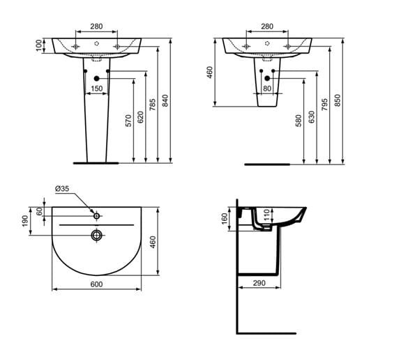 IDEAL STANDARD CONNECT AIR umyvadlo 60 cm, s otvorem pro baterii a přepadem E069401 Technický nákres