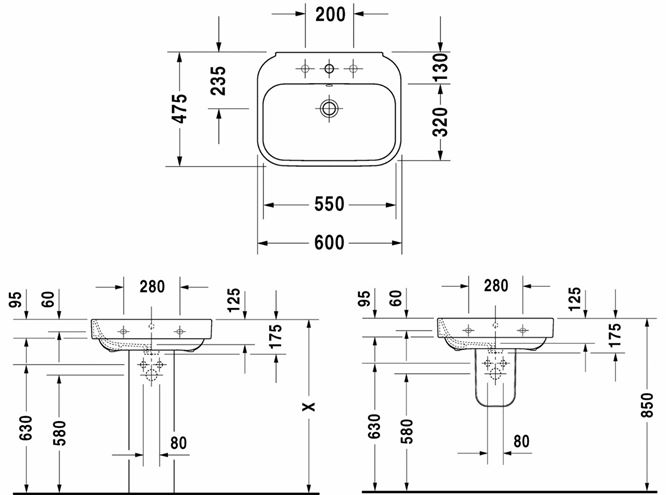 DURAVIT HAPPY D.2 umyvadlo 60 cm, s otvorem pro baterii a přepadem 2316600000 Technický nákres