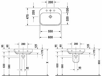 DURAVIT HAPPY D.2 umyvadlo 60 cm, s otvorem pro baterii a přepadem 2316600000 Technický nákres