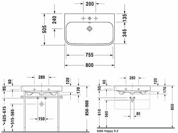 DURAVIT HAPPY D.2 umyvadlo 80 cm, s otvorem pro baterii a přepadem 2318800000 Technický nákres