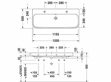 DURAVIT HAPPY D.2 umyvadlo 120 cm, se 2 otvory pro baterie a přepadem, broušené 2318120026 Technický nákres