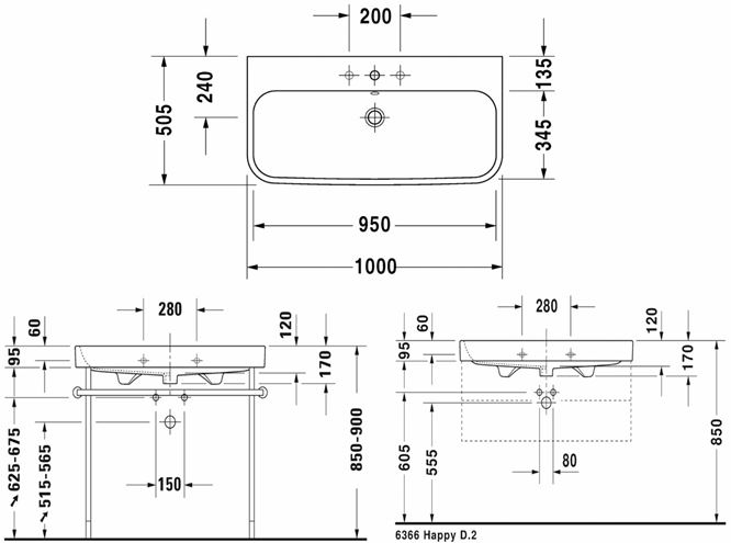 DURAVIT HAPPY D.2 umyvadlo 100 cm, s otvorem pro baterii a přepadem 2318100000 Technický nákres
