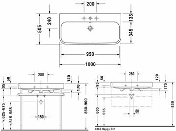 DURAVIT HAPPY D.2 umyvadlo 100 cm, s otvorem pro baterii a přepadem 2318100000 Technický nákres