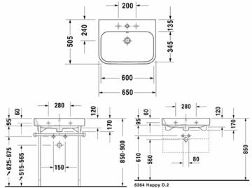 DURAVIT HAPPY D.2 umyvadlo 65 cm, s otvorem pro baterii a přepadem 2318650000 Technický nákres