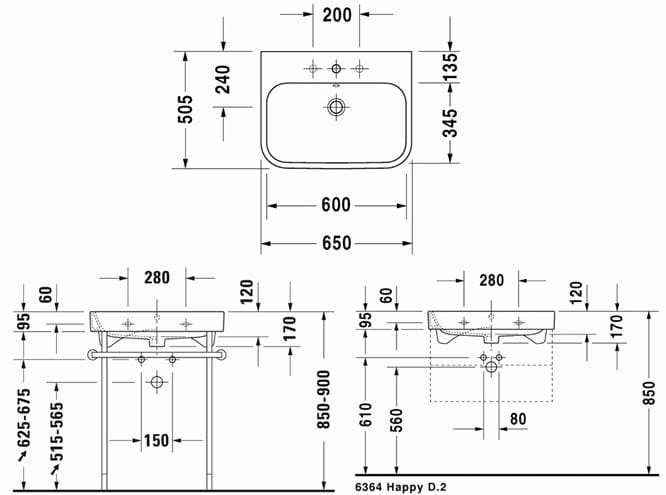 DURAVIT HAPPY D.2 umyvadlo 65 cm, s otvorem pro baterii a přepadem 2318650000 Technický nákres