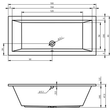 RIHO LUSSO vana 180x80 cm, bez nožiček, akrylát B036001005 Technický nákres