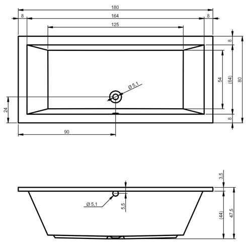 RIHO LUSSO vana 180x80 cm, bez nožiček, akrylát B036001005 Technický nákres