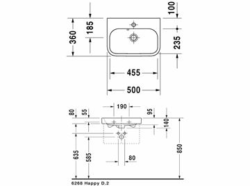 DURAVIT HAPPY D.2 umývátko 50 cm, s otvorem pro baterii a přepadem 0710500000 Technický nákres