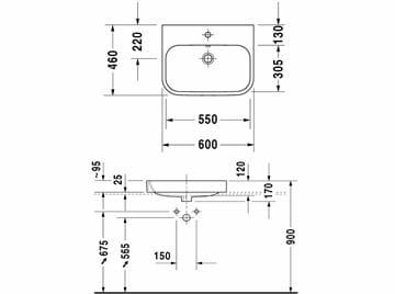DURAVIT HAPPY D.2 umyvadlo 60 cm, s otvorem pro baterii a přepadem, broušené 2315600000 Technický nákres