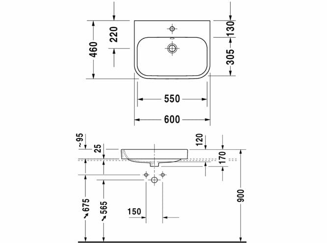 DURAVIT HAPPY D.2 umyvadlo 60 cm, s otvorem pro baterii a přepadem, broušené 2315600000 Technický nákres