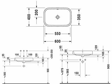 DURAVIT HAPPY D.2 umyvadlo 60 cm, s přepadem, broušené 2314600000 Technický nákres