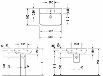 DURAVIT ME BY STARCK umyvadlo 60 cm, s otvorem pro baterii a přepadem 2335600000 Technický nákres
