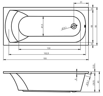 RIHO MIAMI vana 180x80 cm, bez nožiček, akrylát B061001005 Technický nákres