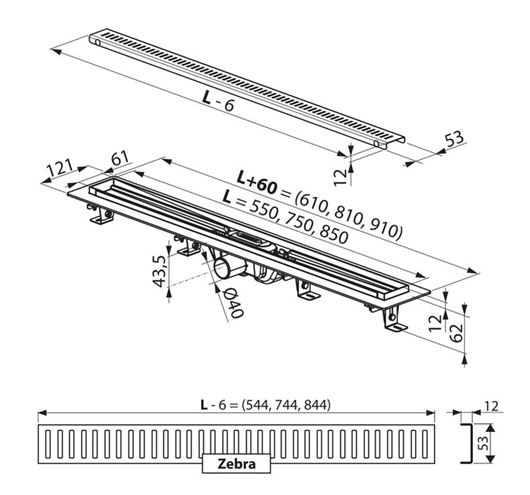 RAVAK ZEBRA sprchový žlab 750 mm, do prostoru, boční odtok DN 40, rošt, plast/nerez ocel X01433 Technický nákres