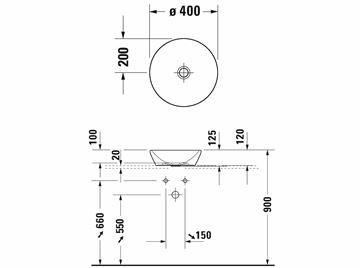 DURAVIT D-NEO umyvadlová mísa 40 cm, bez přepadu 2371400070 Technický nákres