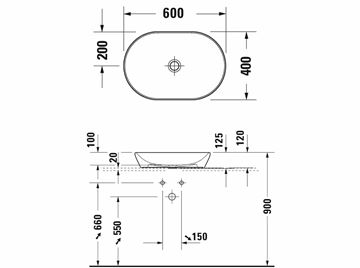 DURAVIT D-NEO umyvadlová mísa 60 cm, bez přepadu 2372600070 Technický nákres