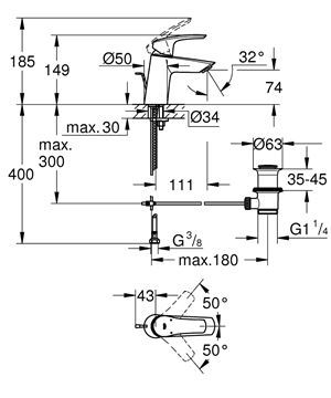 GROHE EUROSMART umyvadlová stojánková baterie, s odtokovou soupravou, Water Saving, chrom 23965003 Technický nákres