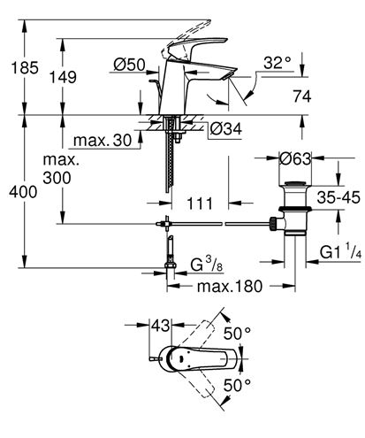 GROHE EUROSMART umyvadlová stojánková baterie, s odtokovou soupravou, Water Saving, chrom 23965003 Technický nákres