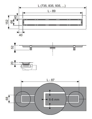 TECE DRAINLINE sprchový žlab 1000 mm, do prostoru, bez odtoku, rošt pro vložení dlažby, nerez ocel 651000 Technický nákres