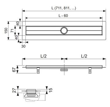 TECE DRAINLINE sprchový žlab 800 mm, do prostoru, bez odtoku, bez roštu, nerez ocel 600800 Technický nákres