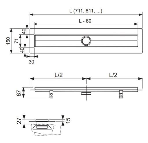 TECE DRAINLINE sprchový žlab 800 mm, do prostoru, bez odtoku, bez roštu, nerez ocel 600800 Technický nákres