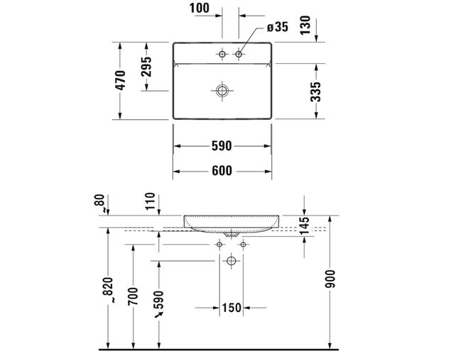 DURAVIT DURASQUARE umyvadlo 60 cm, bez přepadu 2354600070 Technický nákres