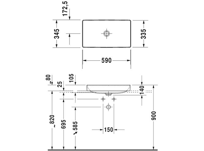 DURAVIT DURASQUARE umyvadlo 60 cm, bez přepadu 2355600000 Technický nákres