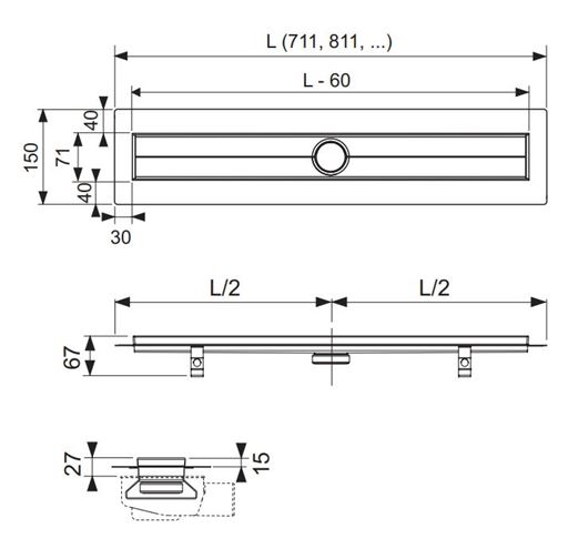 TECE DRAINLINE sprchový žlab 1200 mm, do prostoru, bez odtoku, bez roštu, nerez ocel 601200 Technický nákres