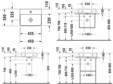 DURAVIT DURASQUARE umývátko 45 cm, s otvorem pro baterie, bez přepadu 0732450041 Technický nákres
