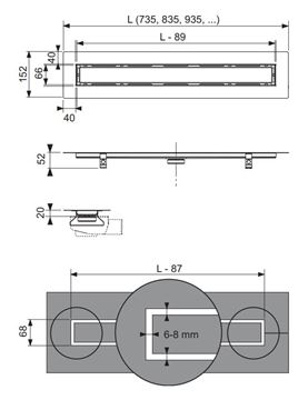 TECE DRAINLINE sprchový žlab 900 mm, do prostoru, bez odtoku, rošt pro vložení dlažby, nerez ocel 650900 Technický nákres